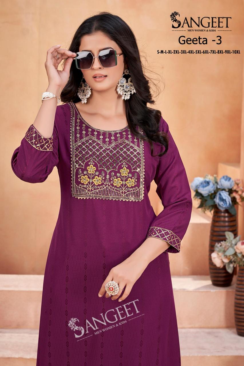 Geeta heavy rayon multi embroidary saquence work top branded kurtis wholesale