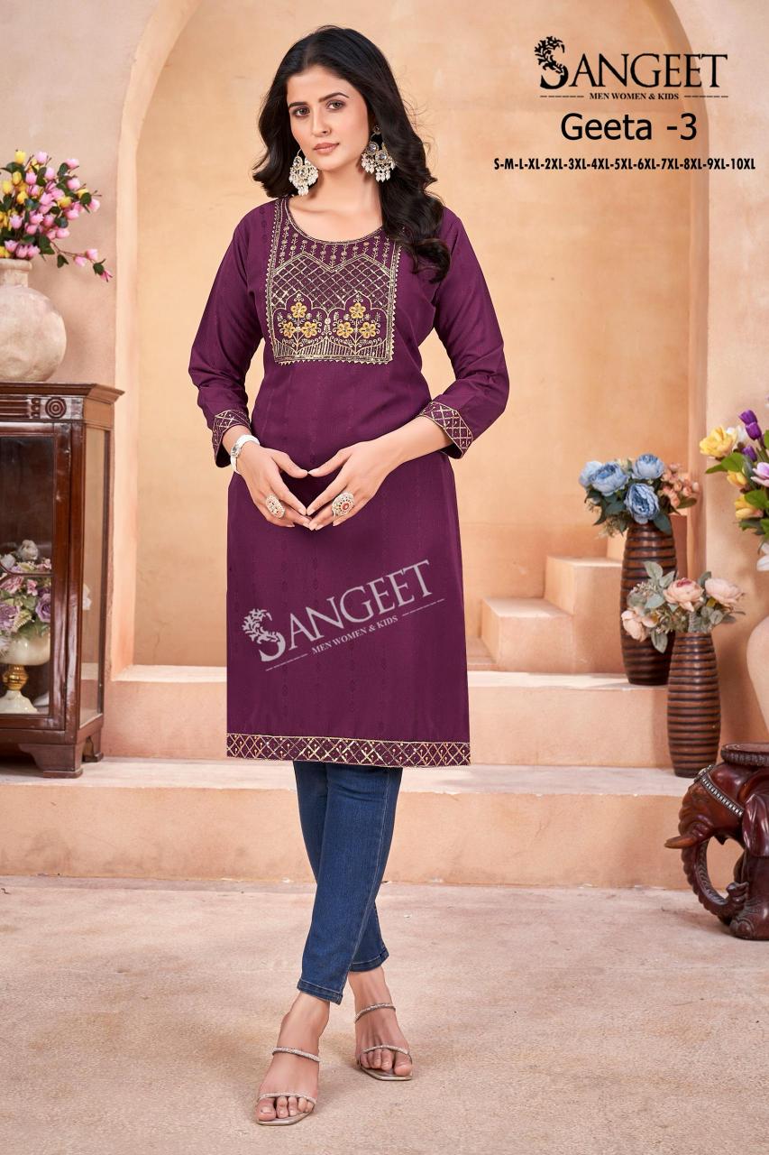 Geeta heavy rayon multi embroidary saquence work top branded kurtis wholesale