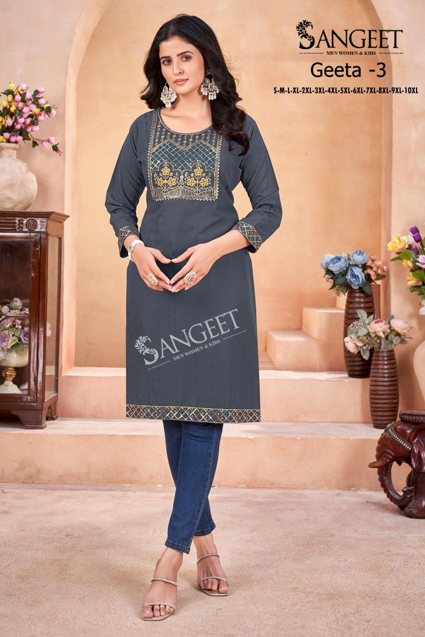 Geeta heavy rayon multi embroidary saquence work top branded kurtis wholesale