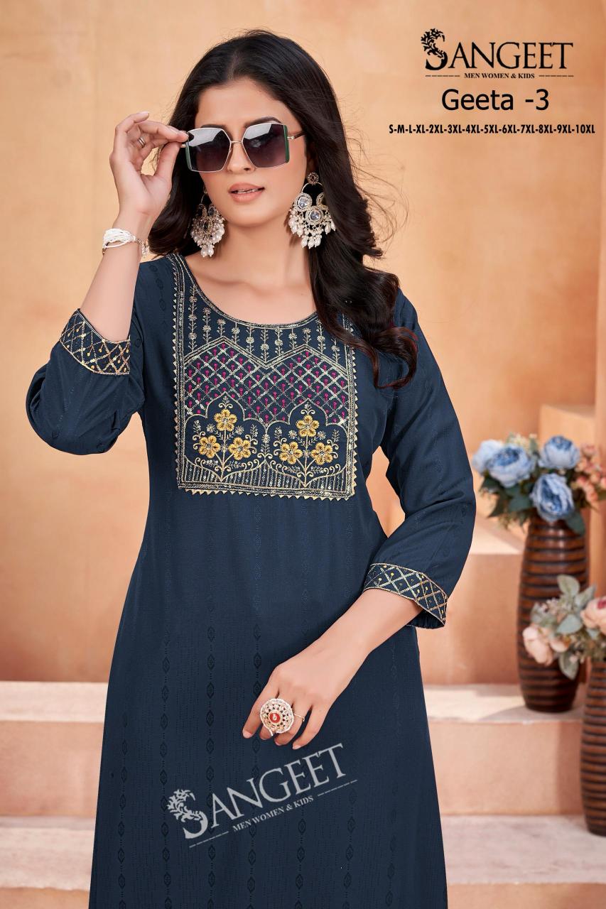 Geeta heavy rayon multi embroidary saquence work top branded kurtis wholesale