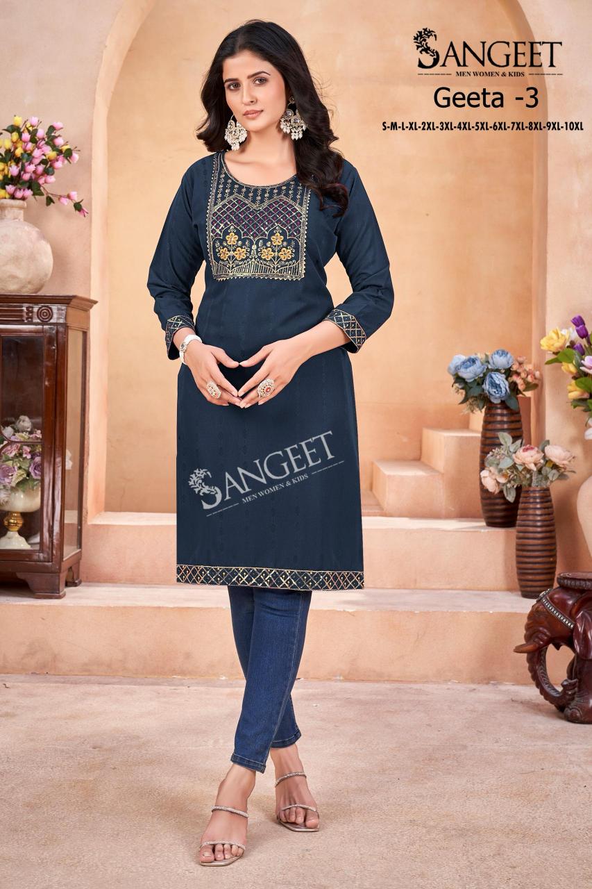 Geeta heavy rayon multi embroidary saquence work top branded kurtis wholesale