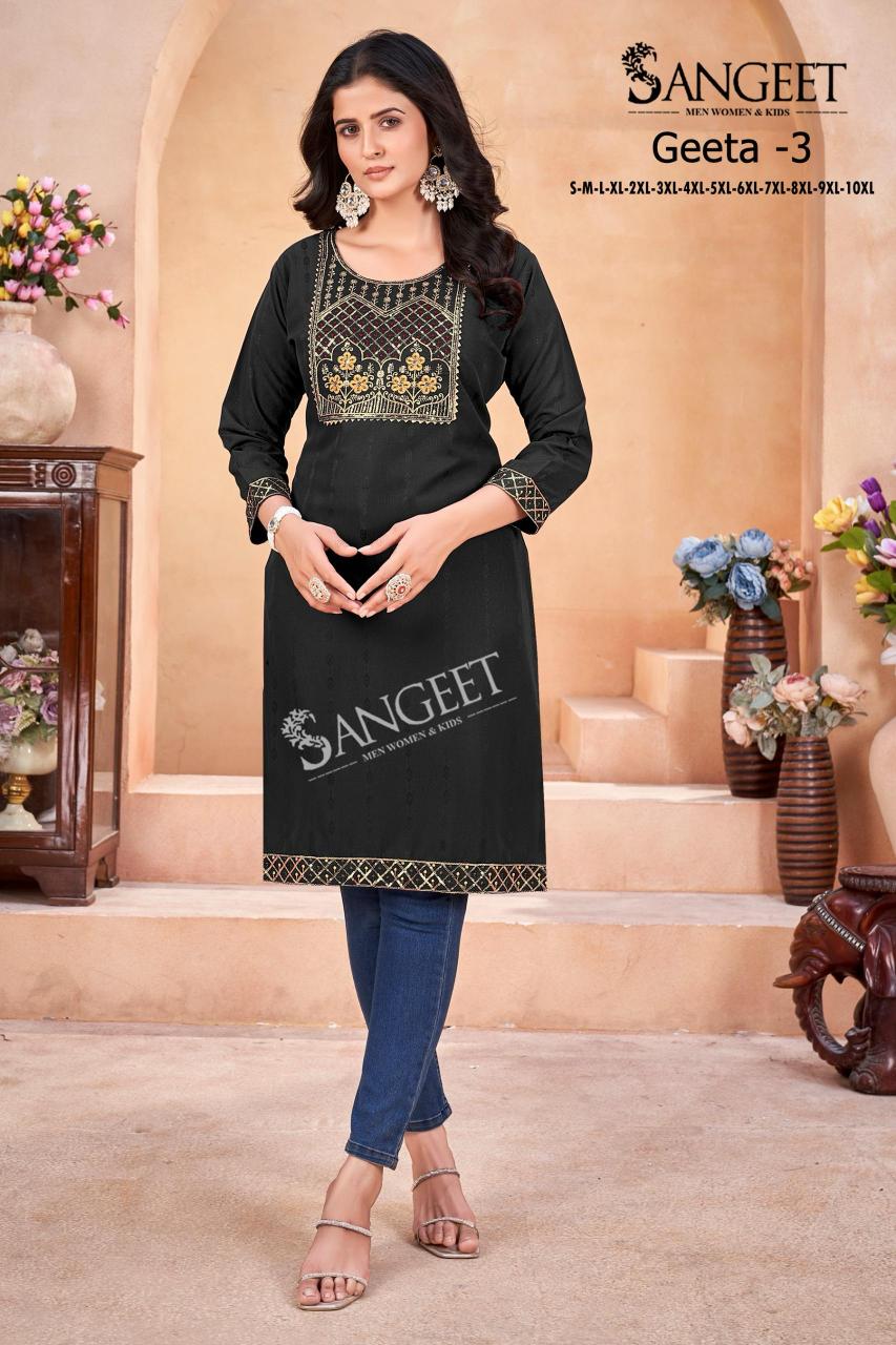 Geeta heavy rayon multi embroidary saquence work top branded kurtis wholesale