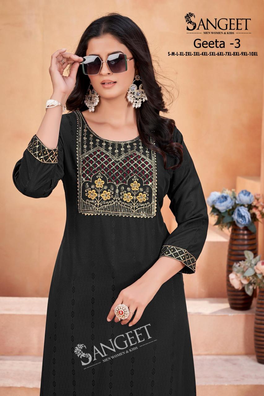 Geeta heavy rayon multi embroidary saquence work top branded kurtis wholesale