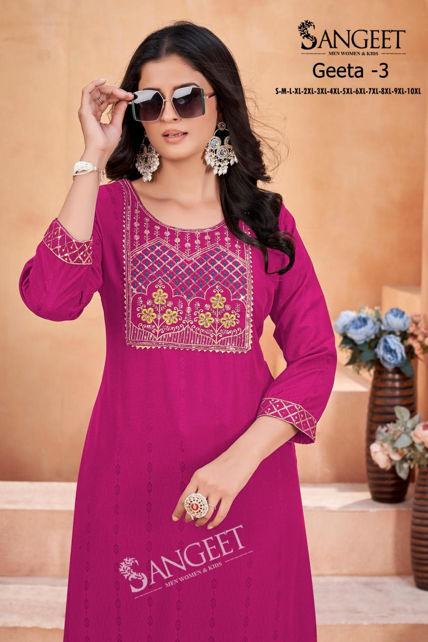 Geeta heavy rayon multi embroidary saquence work top branded kurtis wholesale
