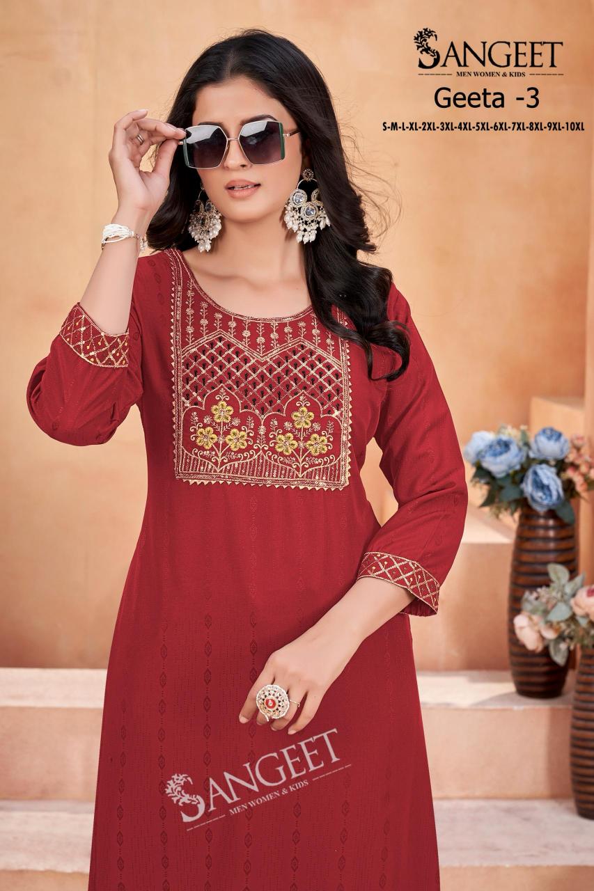 Geeta heavy rayon multi embroidary saquence work top branded kurtis wholesale