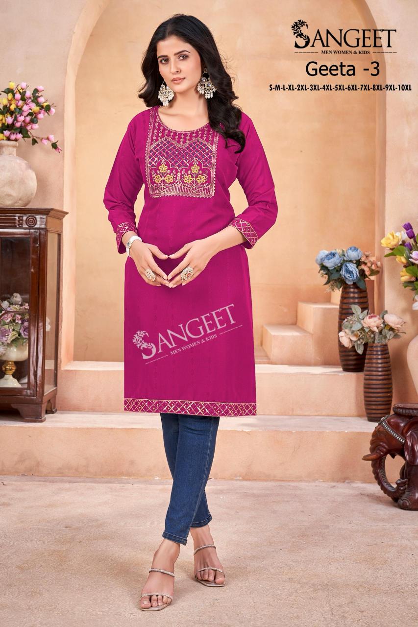 Geeta heavy rayon multi embroidary saquence work top branded kurtis wholesale