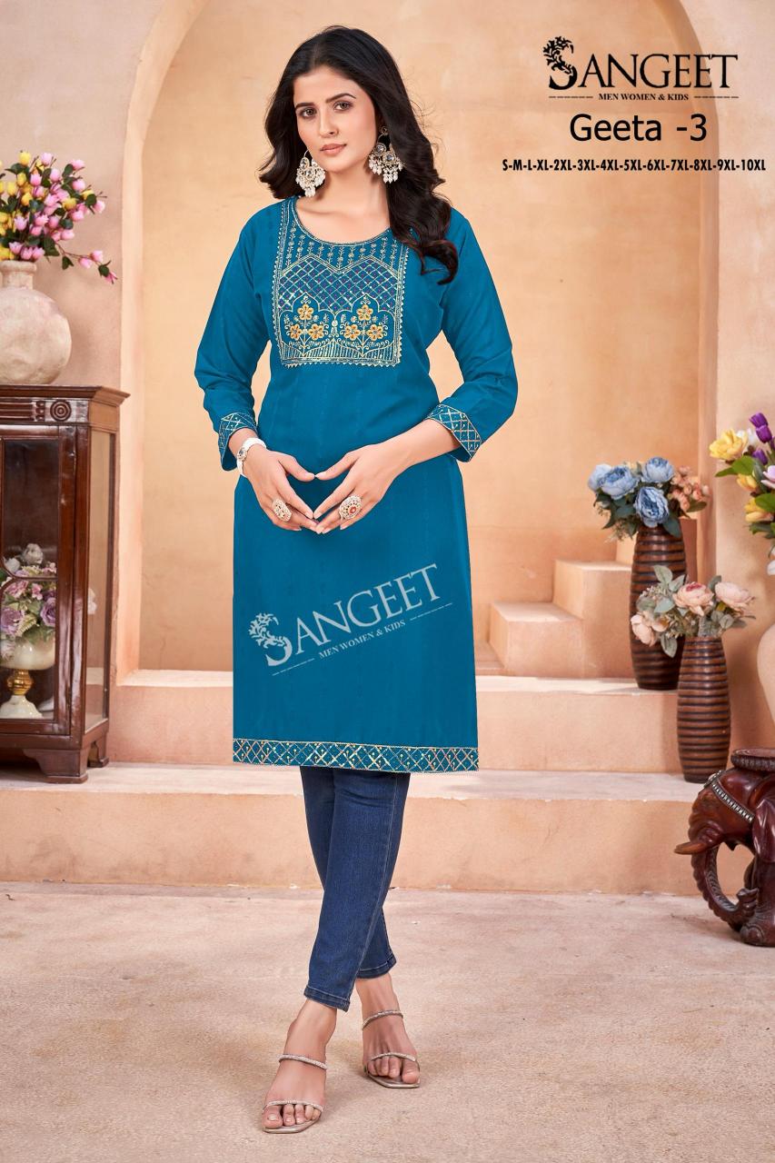 Geeta heavy rayon multi embroidary saquence work top branded kurtis wholesale