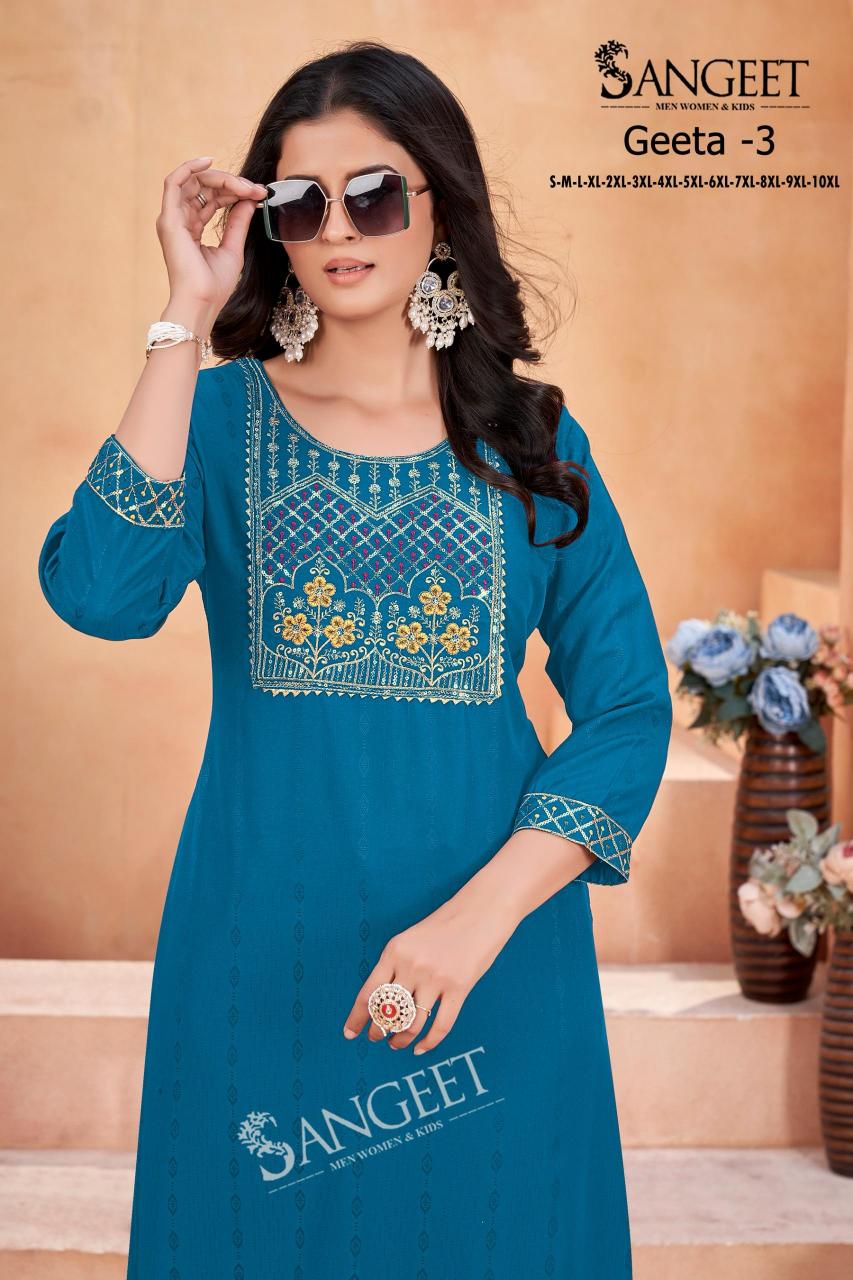 Geeta heavy rayon multi embroidary saquence work top branded kurtis wholesale