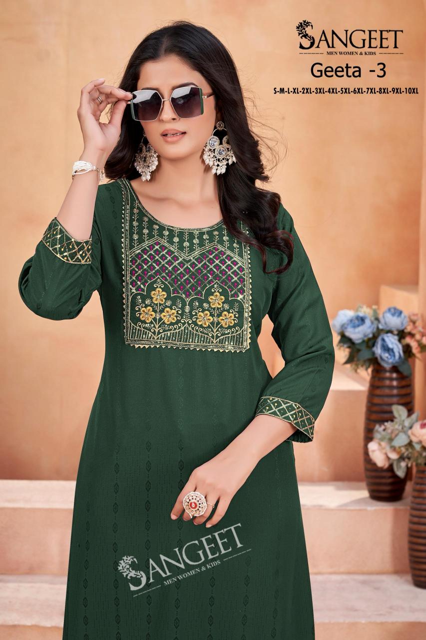 Geeta heavy rayon multi embroidary saquence work top branded kurtis wholesale