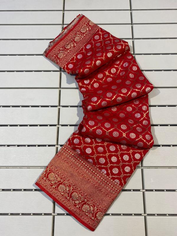Khadi Georgette silk with rich zari wooven pallu with silver butti border with blouse surat saree market