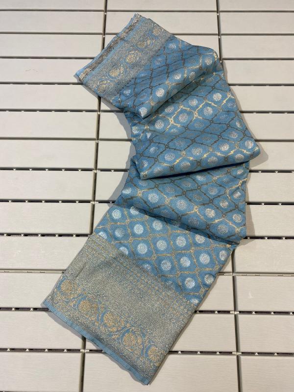 Khadi Georgette silk with rich zari wooven pallu with silver butti border with blouse surat saree market