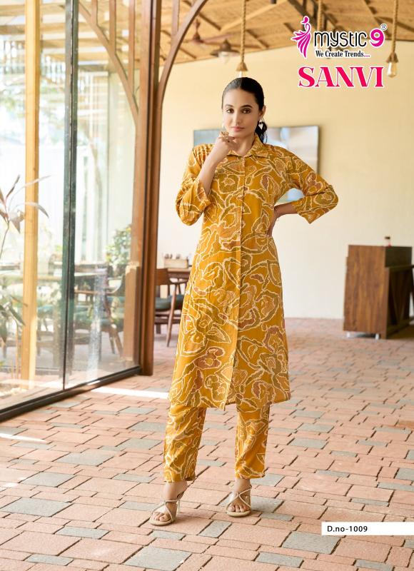Mystic9 sanvi vol 1foil printed co ord set branded kurti wholesale