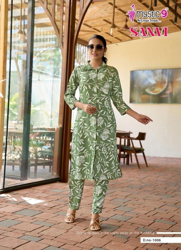 Mystic9 sanvi vol 1foil printed co ord set branded kurti wholesale