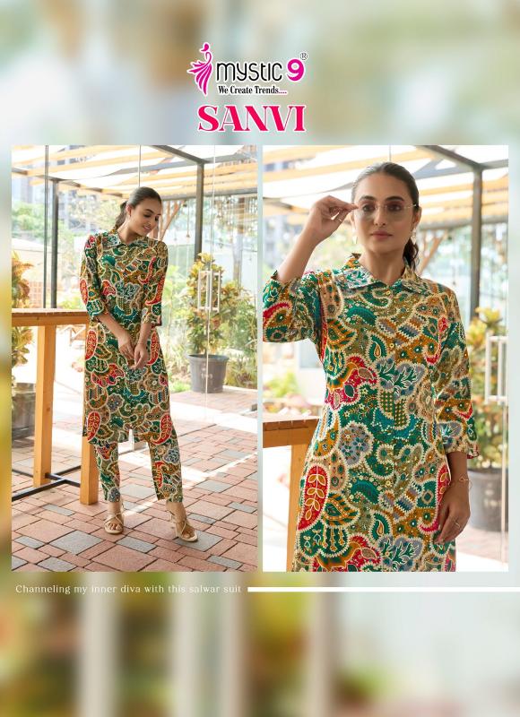 Mystic9 sanvi vol 1foil printed co ord set branded kurti wholesale