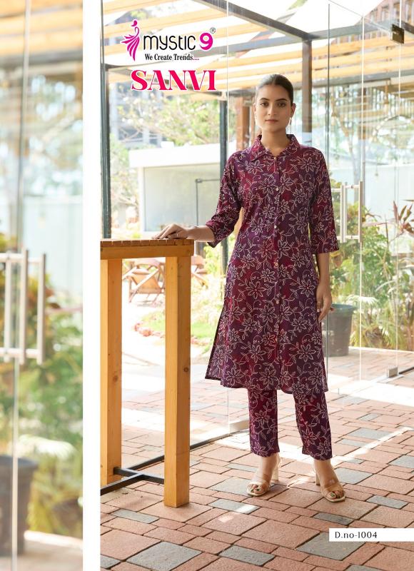 Mystic9 sanvi vol 1foil printed co ord set branded kurti wholesale
