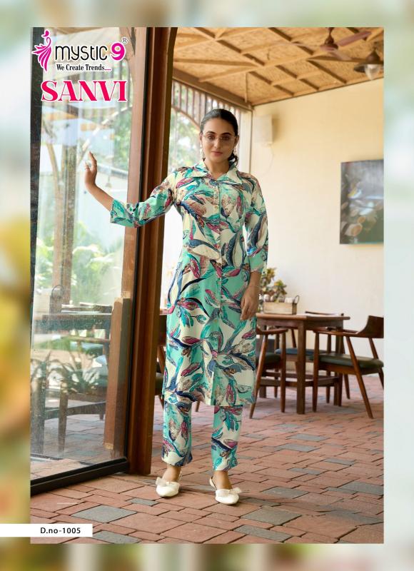 Mystic9 sanvi vol 1foil printed co ord set branded kurti wholesale