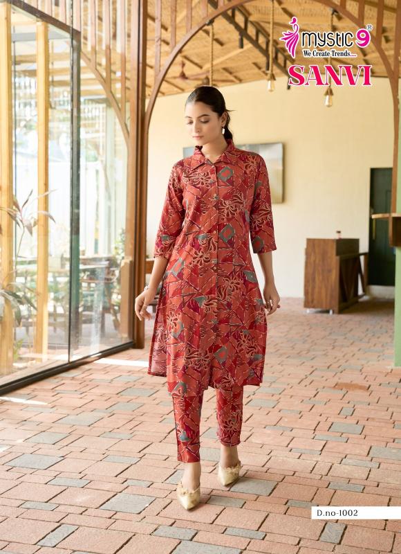 Mystic9 sanvi vol 1foil printed co ord set branded kurti wholesale