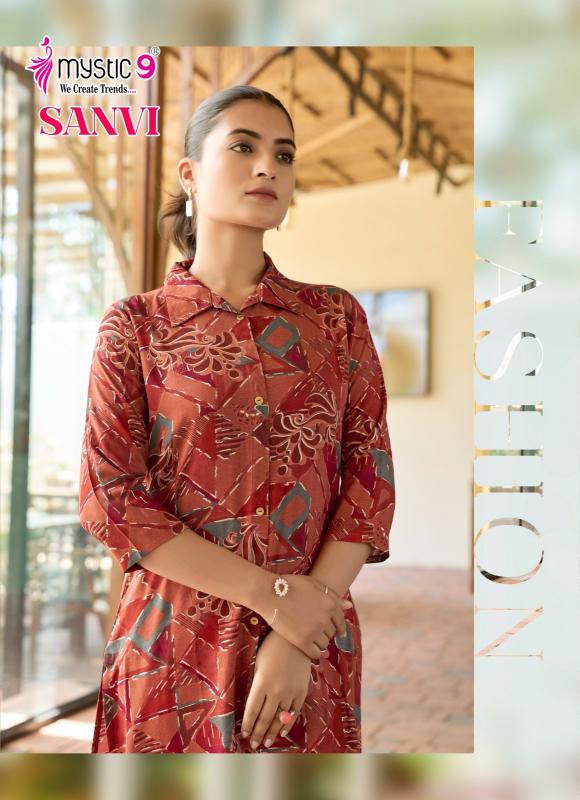 Mystic9 sanvi vol 1foil printed co ord set branded kurti wholesale
