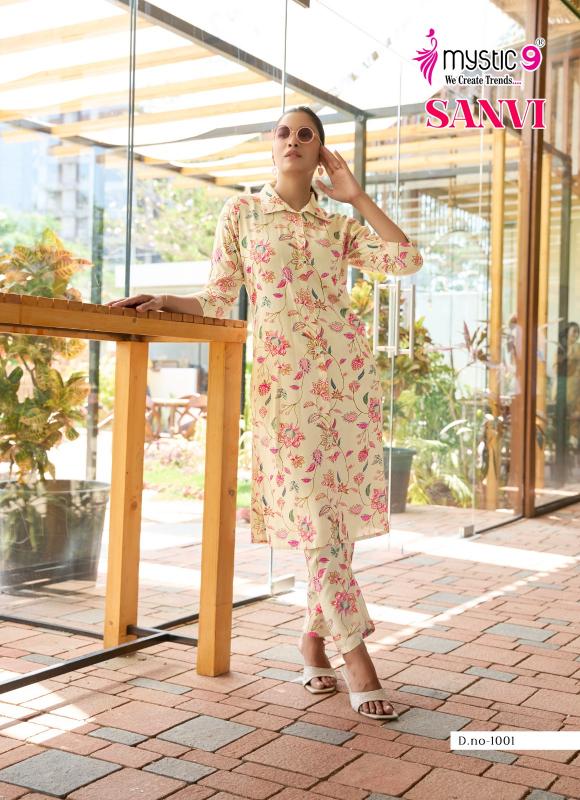 Mystic9 sanvi vol 1foil printed co ord set branded kurti wholesale