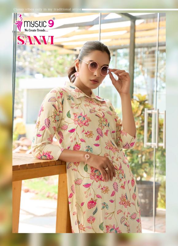 Mystic9 sanvi vol 1foil printed co ord set branded kurti wholesale