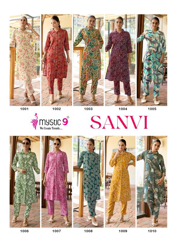 Mystic9 sanvi vol 1foil printed co ord set branded kurti wholesale