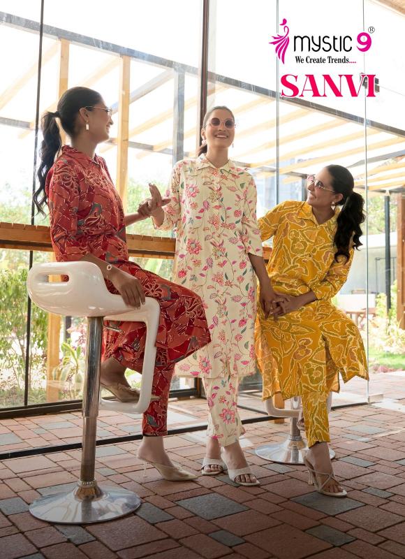 Mystic9 sanvi vol 1foil printed co ord set branded kurti wholesale