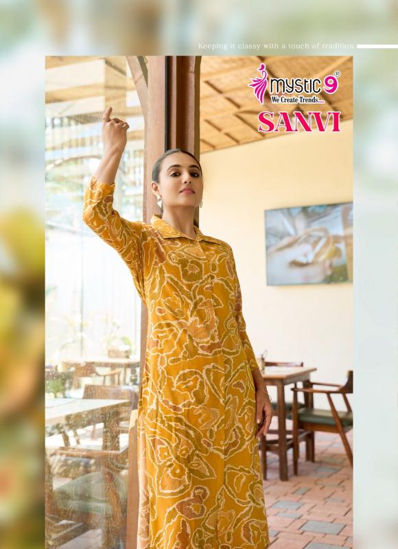Mystic9 sanvi vol 1foil printed co ord set branded kurti wholesale