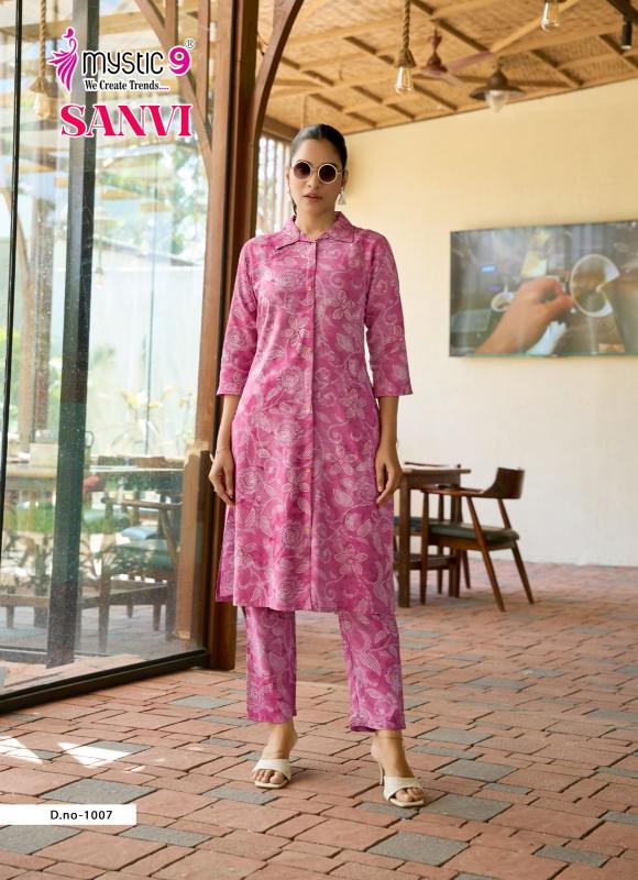 Mystic9 sanvi vol 1foil printed co ord set branded kurti wholesale