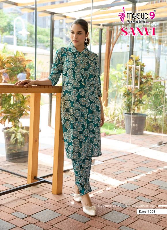 Mystic9 sanvi vol 1foil printed co ord set branded kurti wholesale