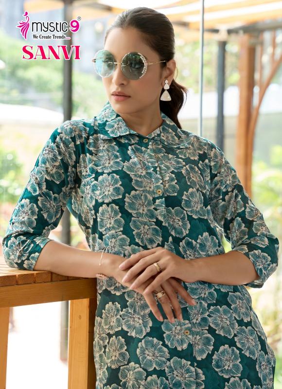 Mystic9 sanvi vol 1foil printed co ord set branded kurti wholesale