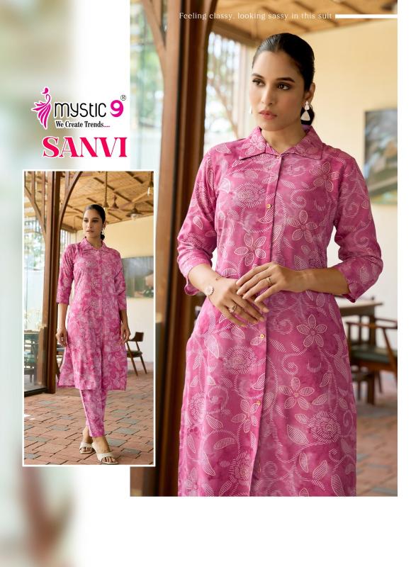Mystic9 sanvi vol 1foil printed co ord set branded kurti wholesale