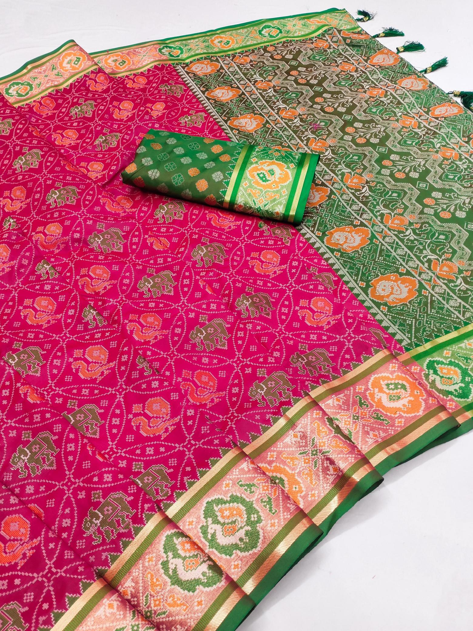 Patola soft meenaakri silk saree with rich pallu & border contrast blouse surat wholesale saree market