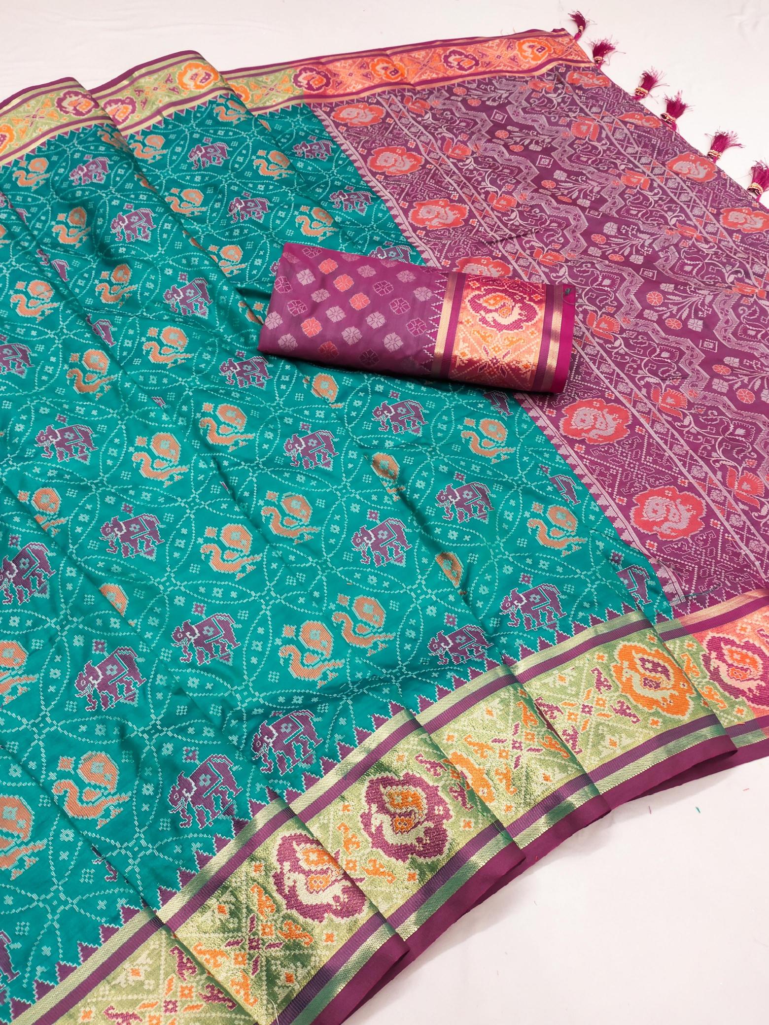 Patola soft meenaakri silk saree with rich pallu & border contrast blouse surat wholesale saree market