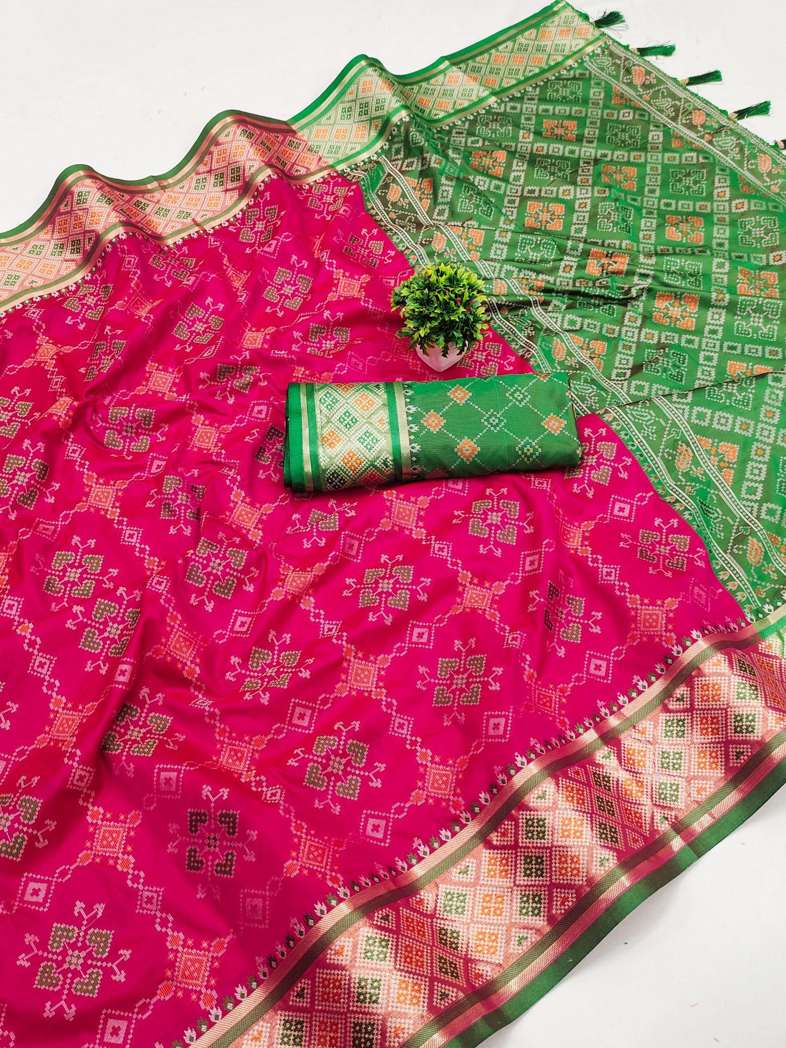 Patola soft meenaakri silk saree with rich pallu & border contrast blouse surat wholesale saree market