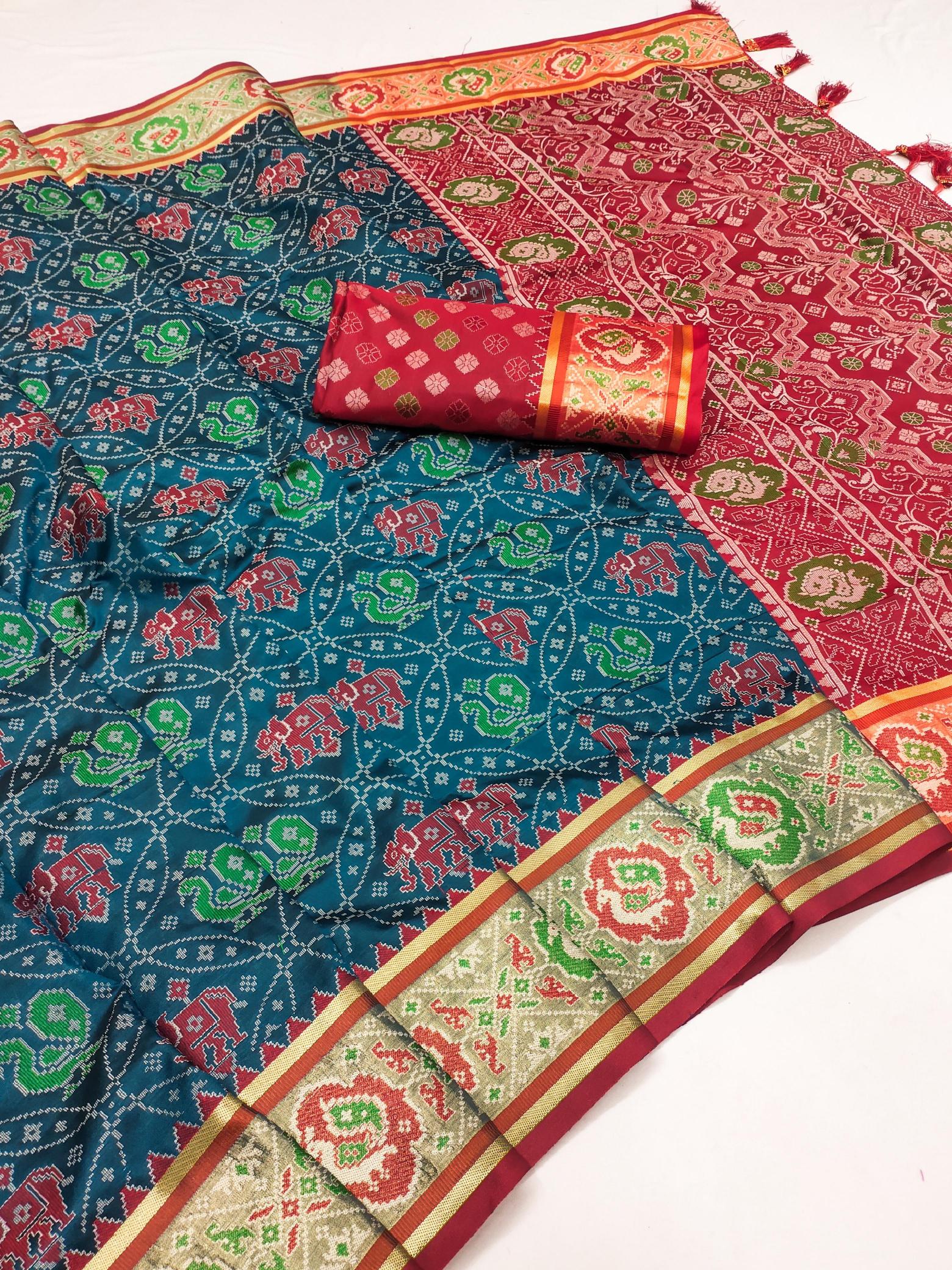 Patola soft meenaakri silk saree with rich pallu & border contrast blouse surat wholesale saree market