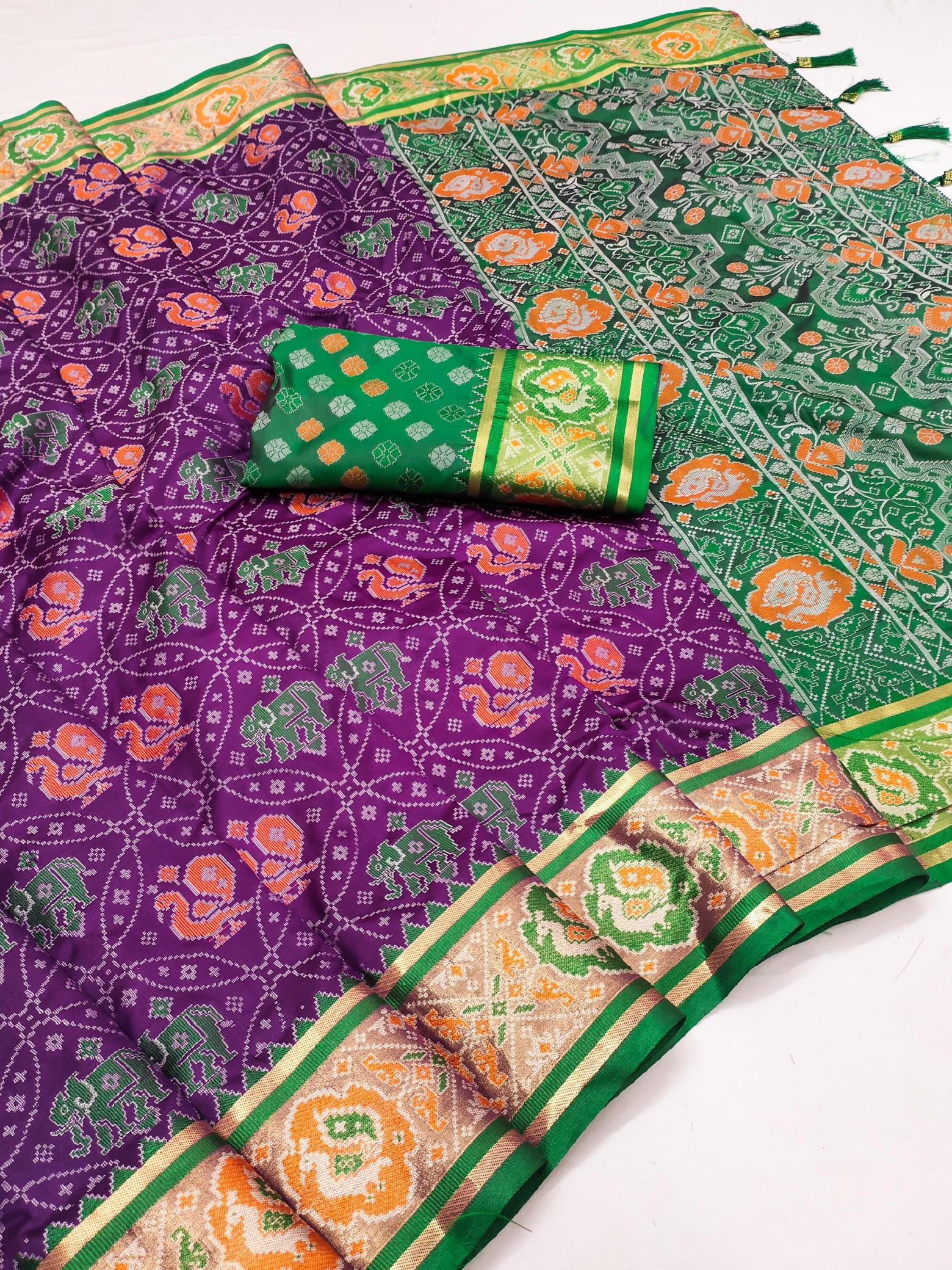 Patola soft meenaakri silk saree with rich pallu & border contrast blouse surat wholesale saree market