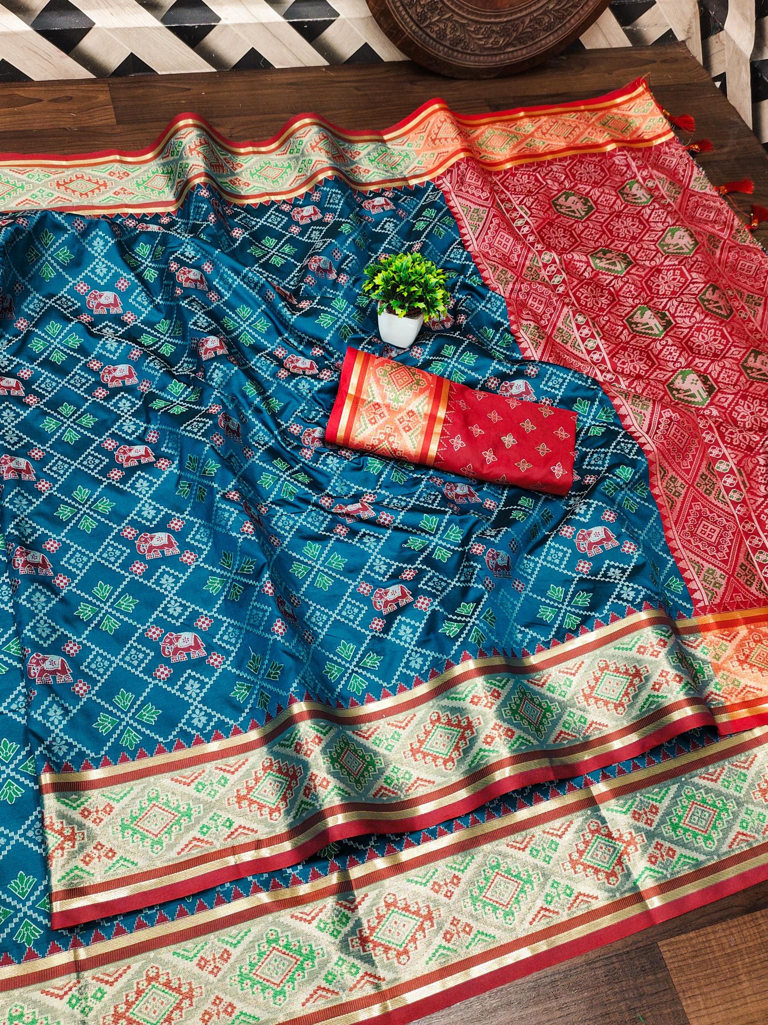 Patola soft meenaakri silk saree with rich pallu & border contrast blouse surat wholesale saree market