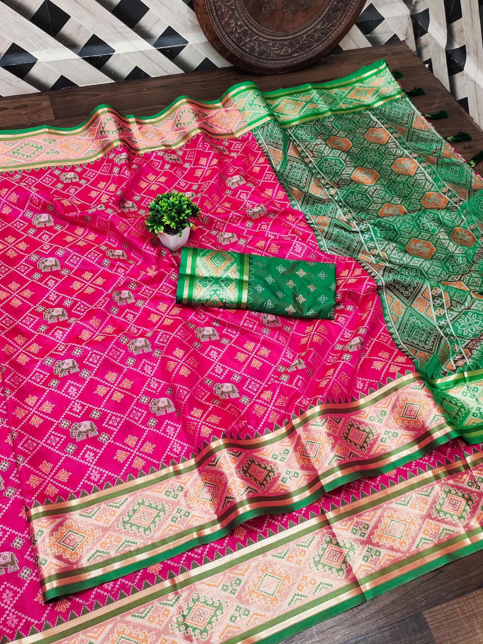 Patola soft meenaakri silk saree with rich pallu & border contrast blouse surat wholesale saree market