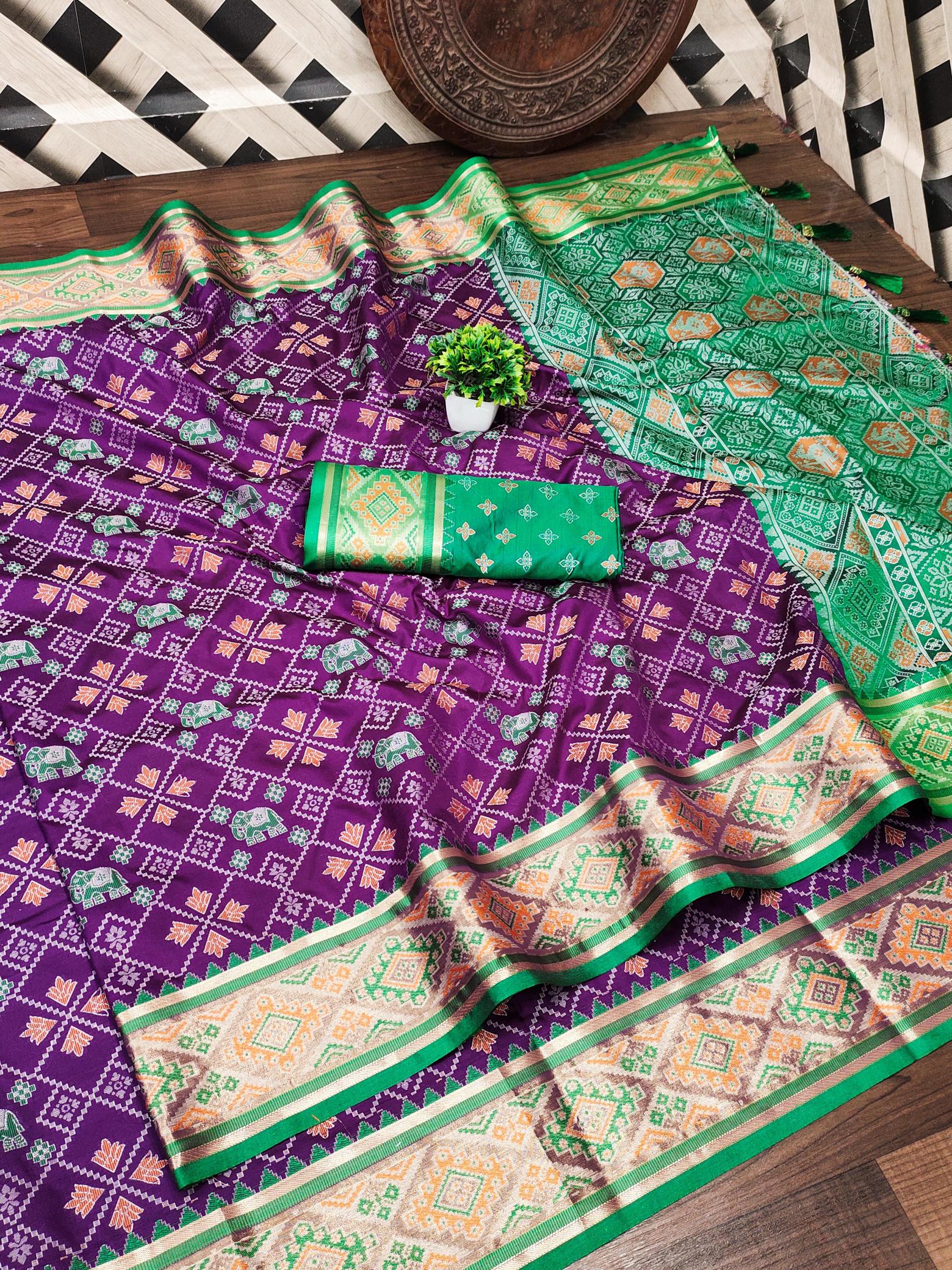 Patola soft meenaakri silk saree with rich pallu & border contrast blouse surat wholesale saree market