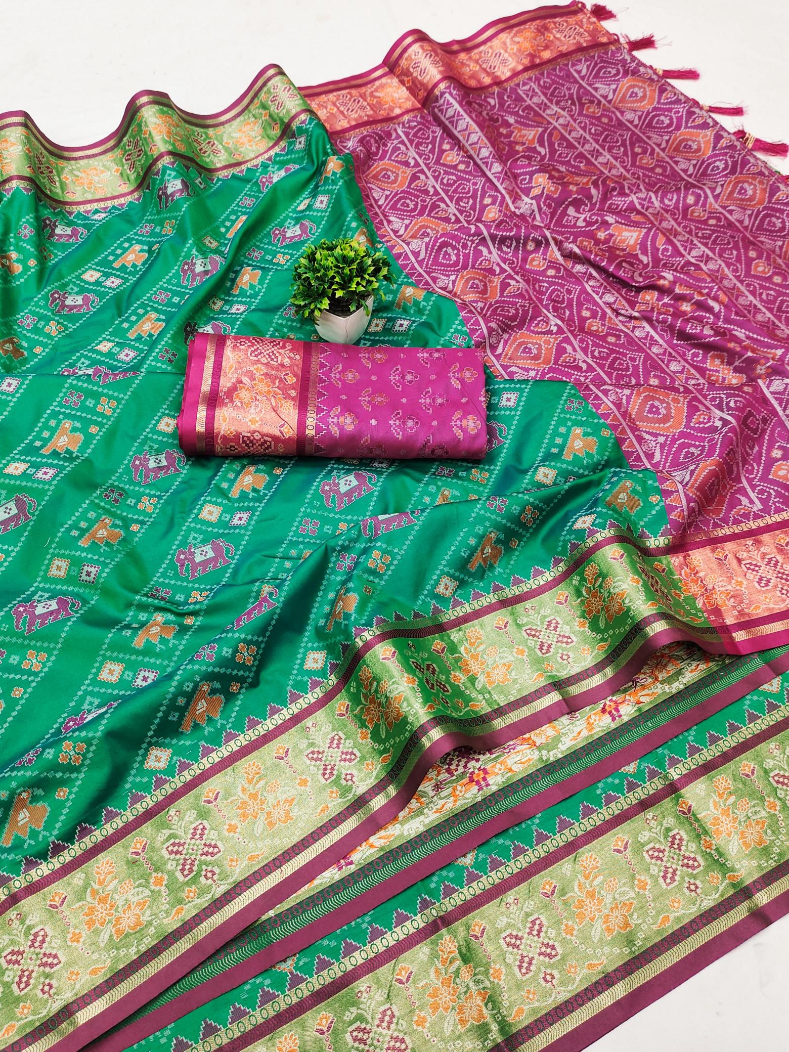 Patola soft meenaakri silk saree with rich pallu & border contrast blouse surat wholesale saree market