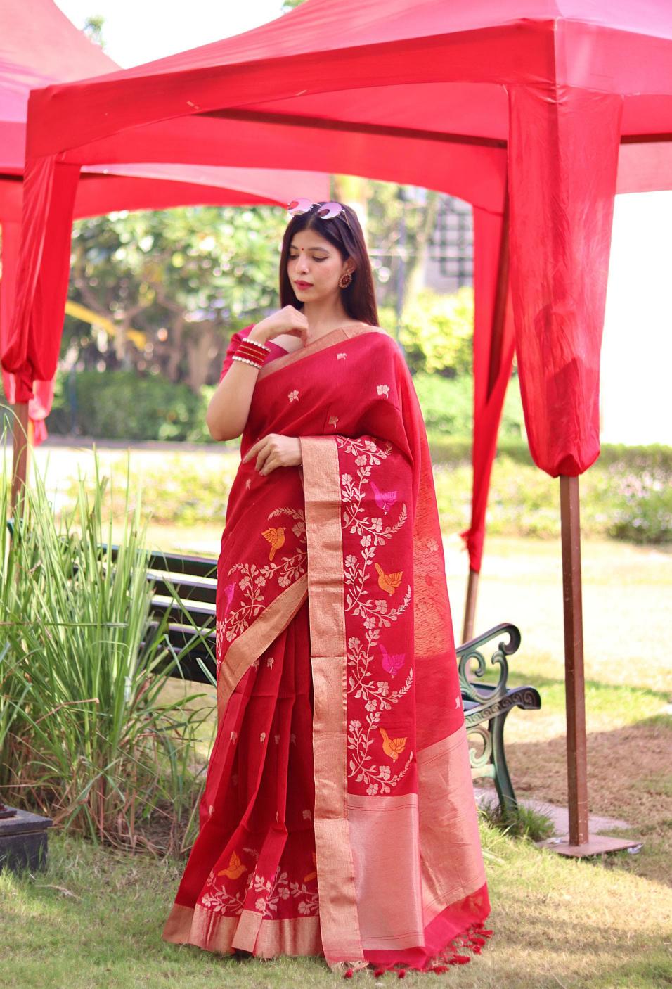 Pure linen silk traditional jamdani type saree & pallu With blouse surat saree wholesale