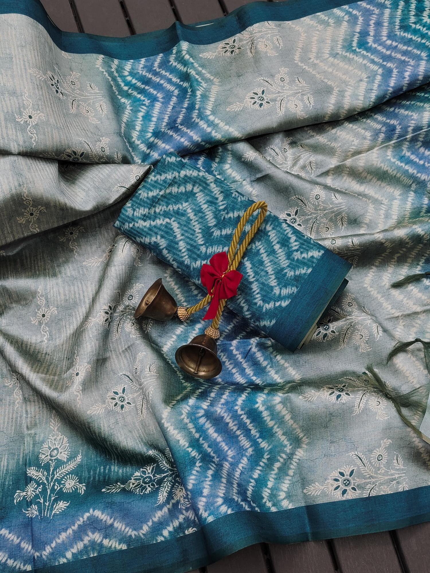 Soft Tussar silk with floral prints saree & pallu with contrast blouse piece surat wholesale saree market