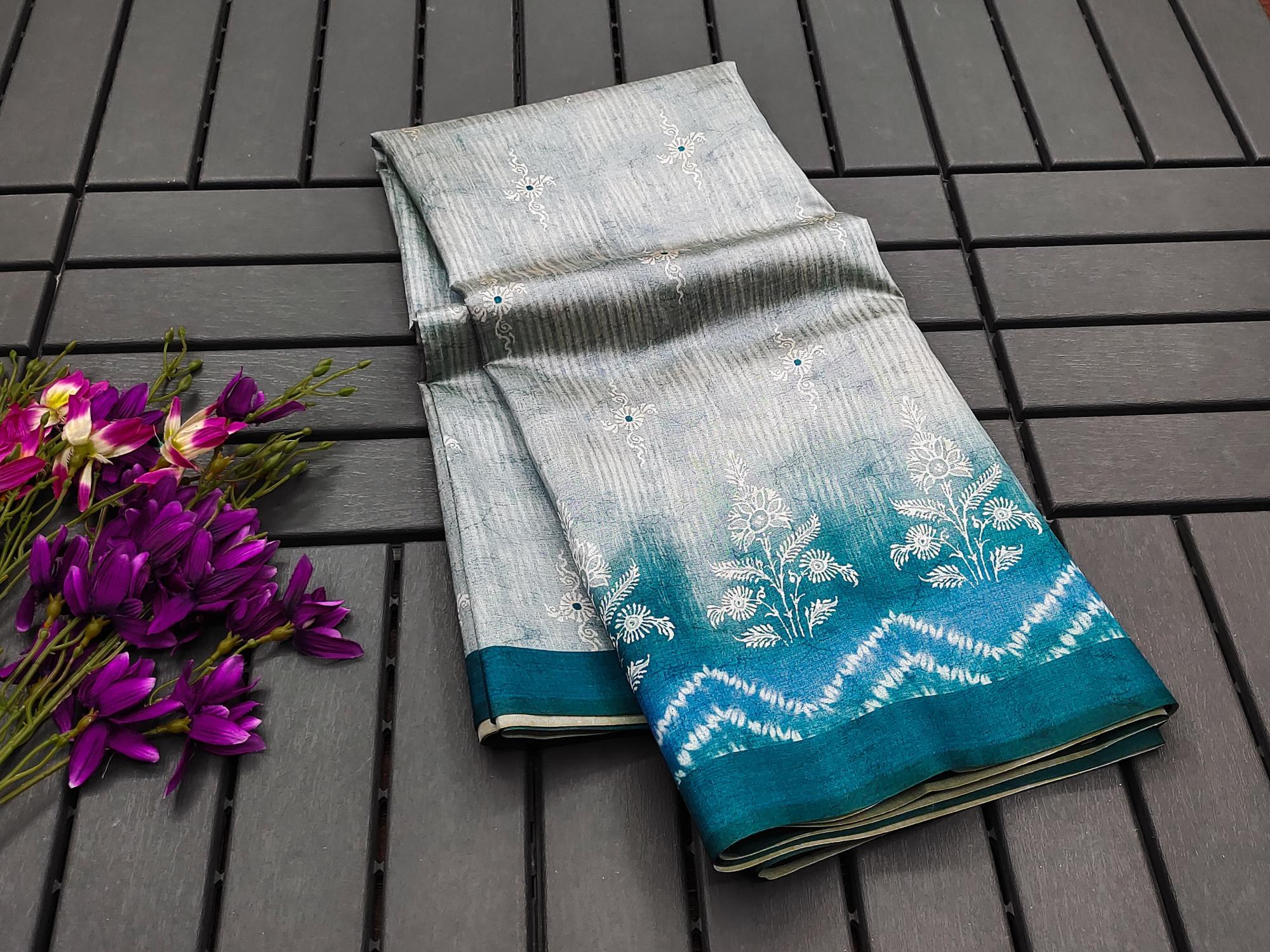 Soft Tussar silk with floral prints saree & pallu with contrast blouse piece surat wholesale saree market