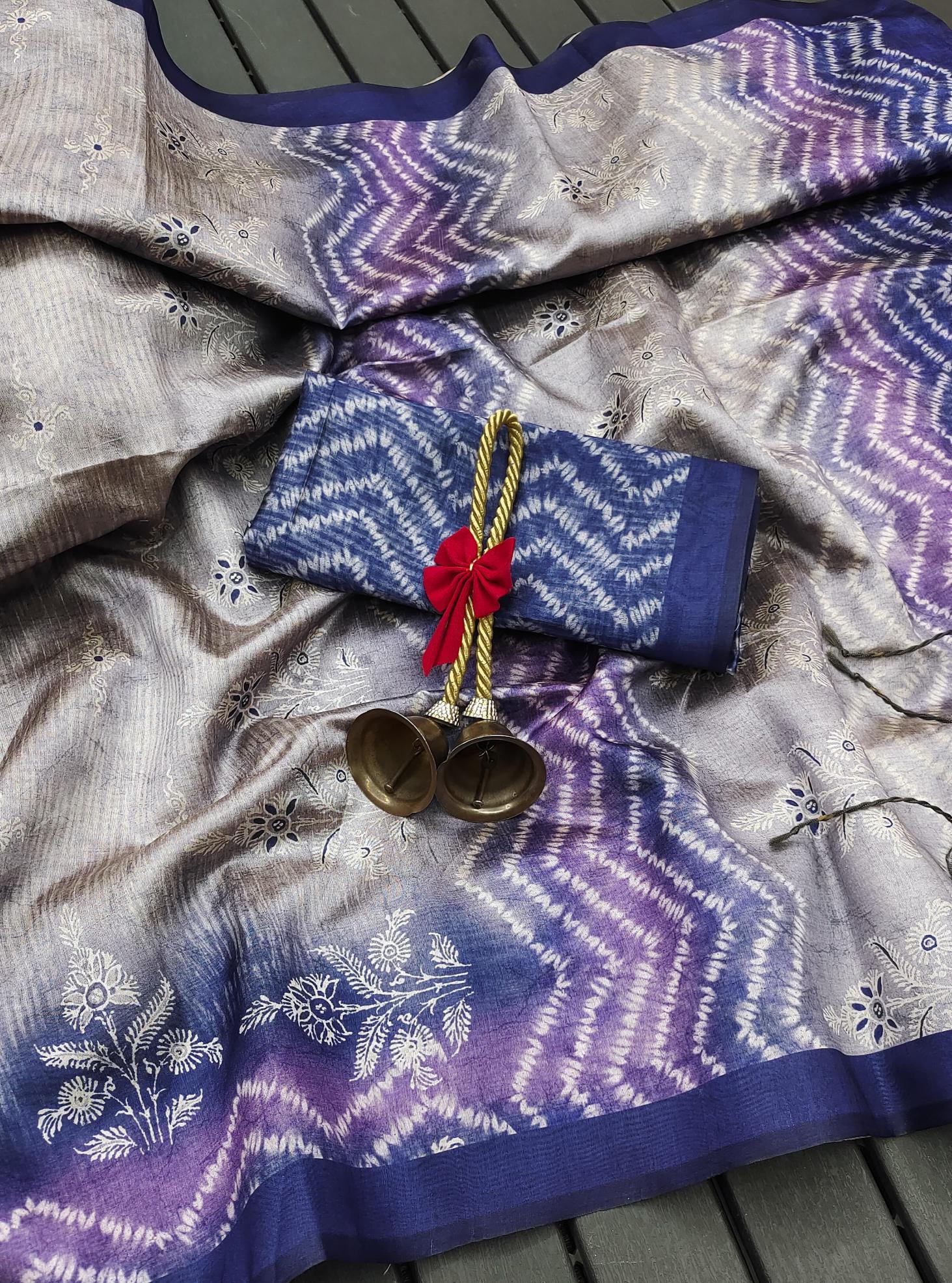 Soft Tussar silk with floral prints saree & pallu with contrast blouse piece surat wholesale saree market