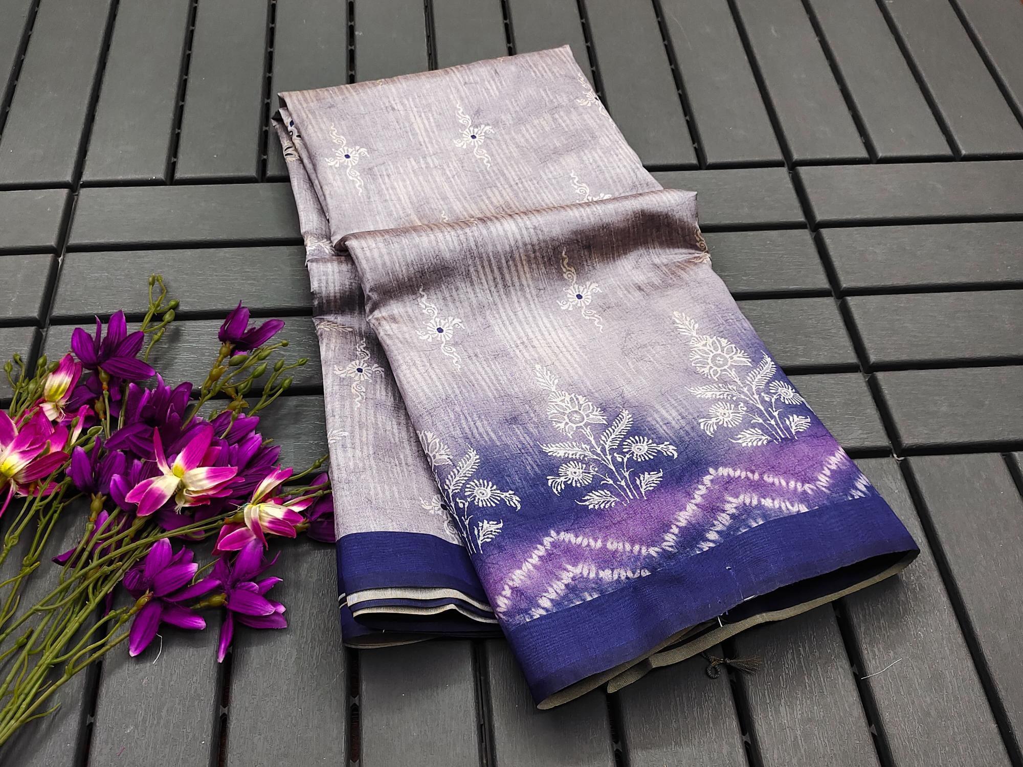 Soft Tussar silk with floral prints saree & pallu with contrast blouse piece surat wholesale saree market