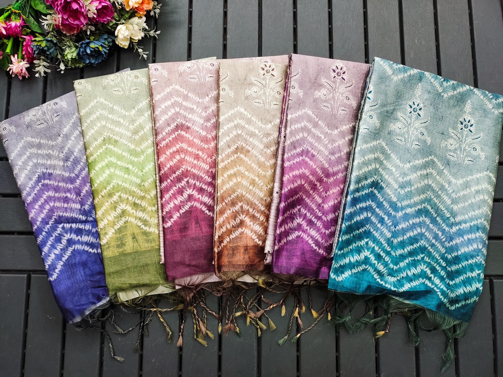 Soft Tussar silk with floral prints saree & pallu with contrast blouse piece surat wholesale saree market