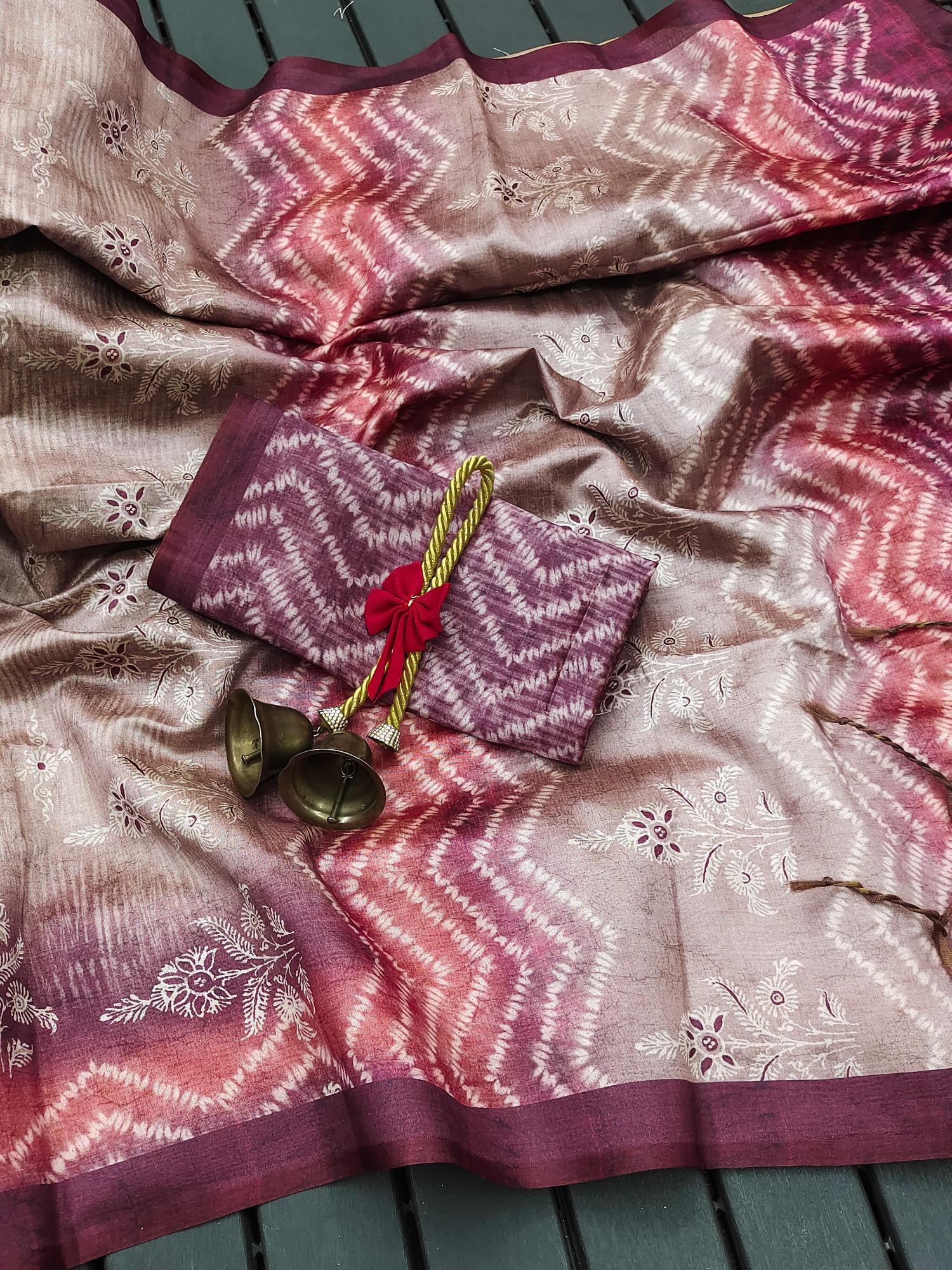 Soft Tussar silk with floral prints saree & pallu with contrast blouse piece surat wholesale saree market