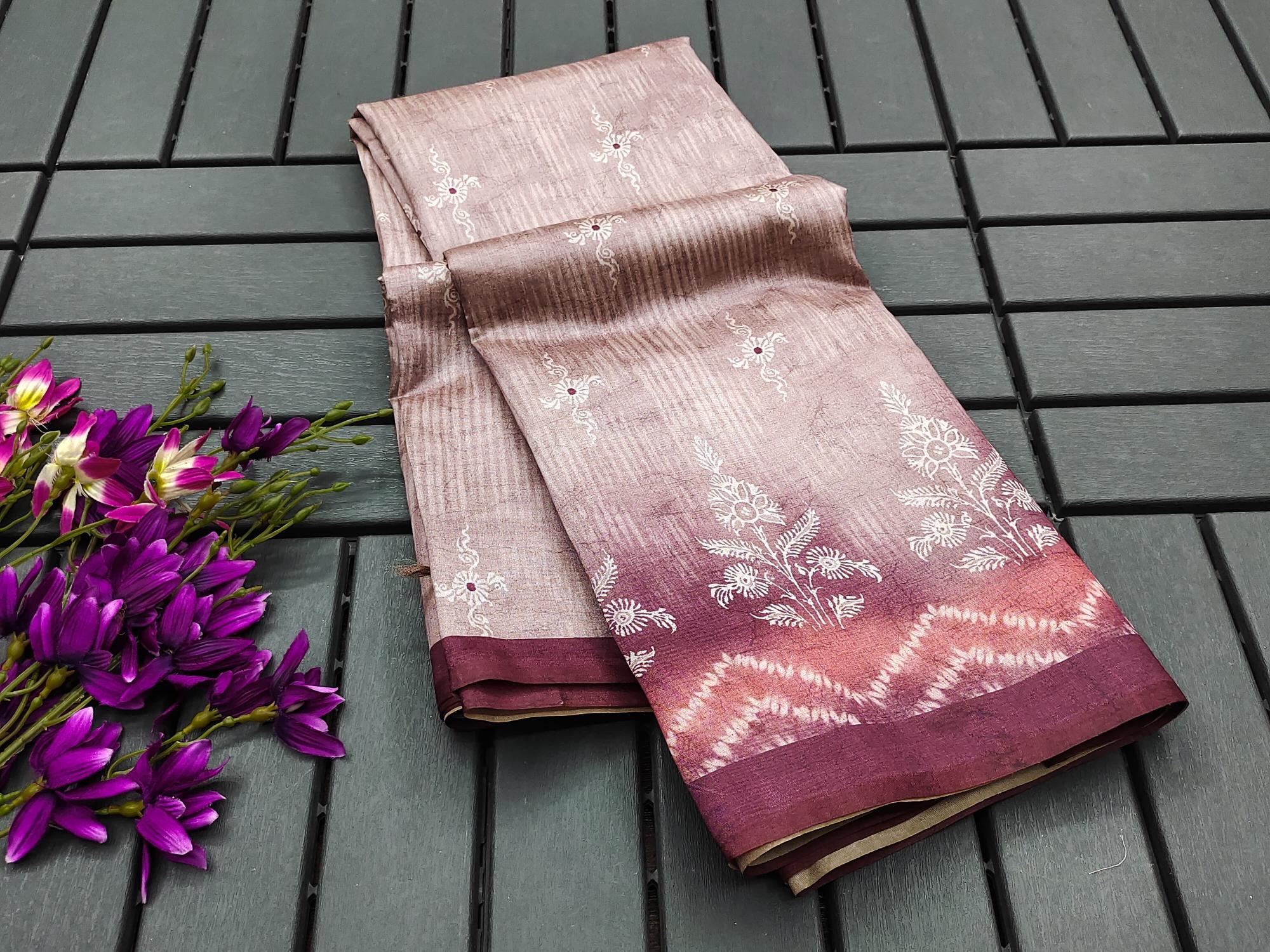 Soft Tussar silk with floral prints saree & pallu with contrast blouse piece surat wholesale saree market