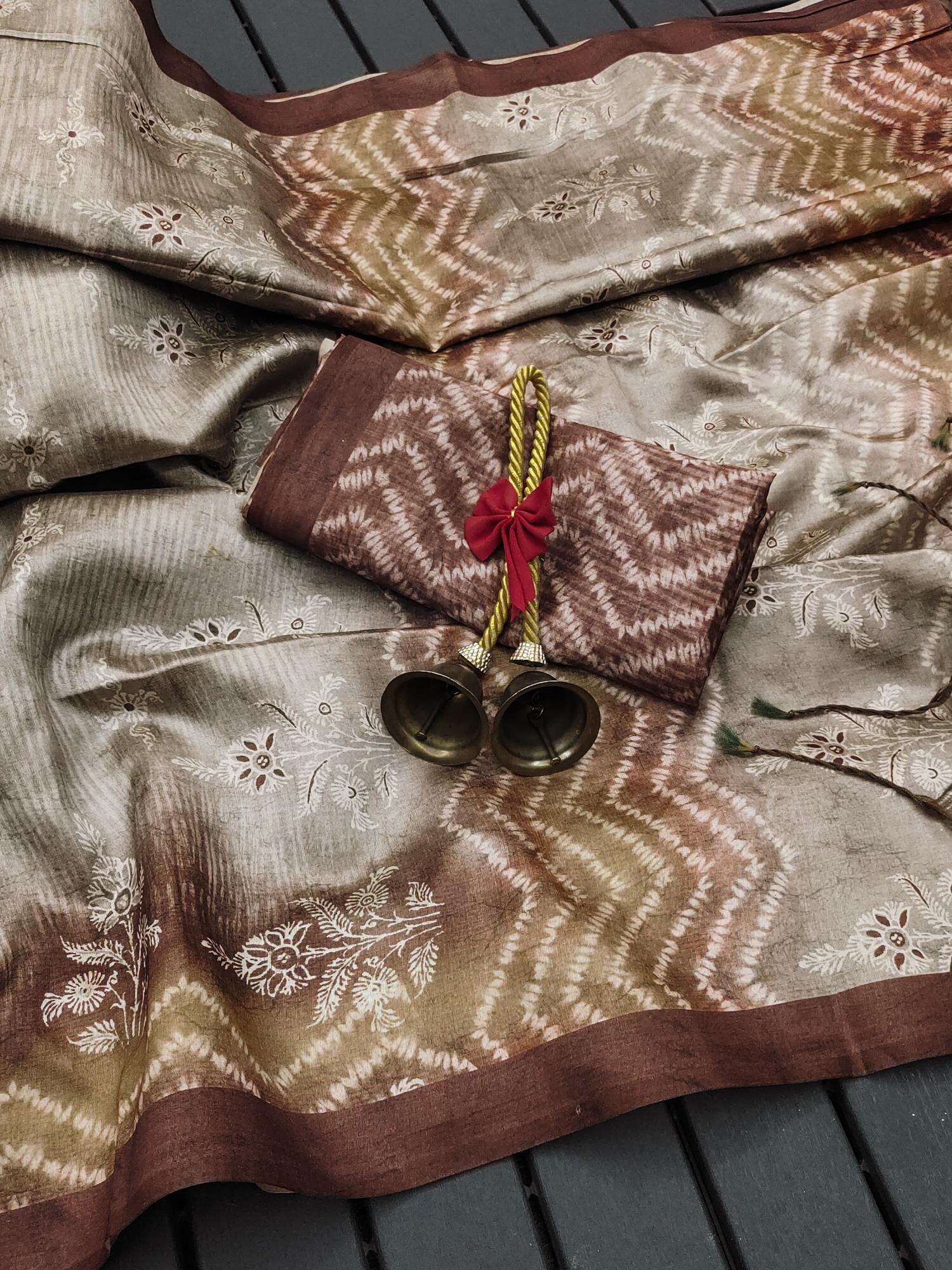 Soft Tussar silk with floral prints saree & pallu with contrast blouse piece surat wholesale saree market