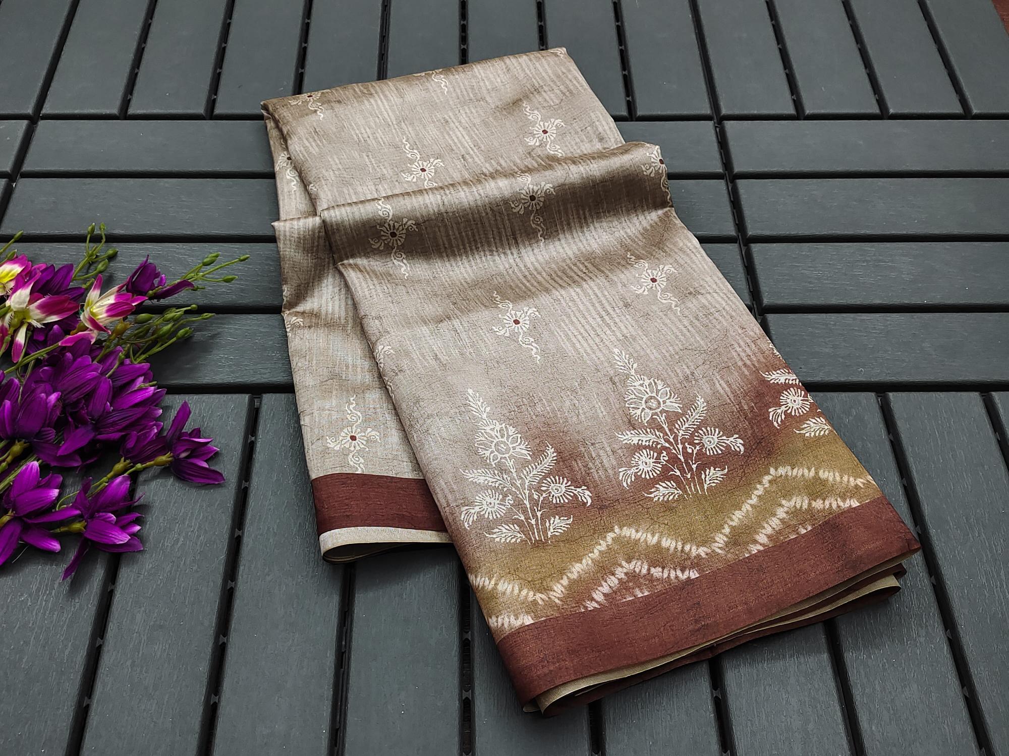 Soft Tussar silk with floral prints saree & pallu with contrast blouse piece surat wholesale saree market